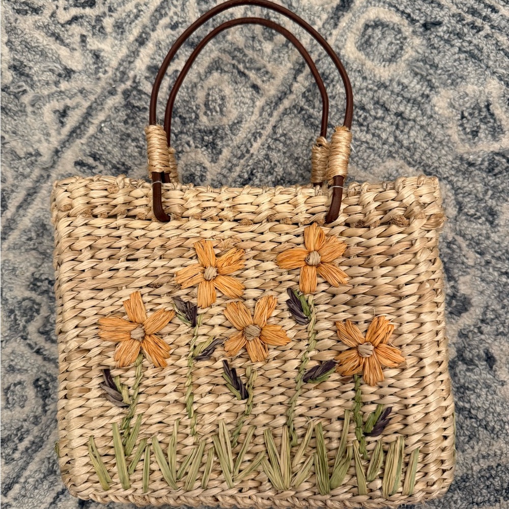 Floral Straw Mini Tote Bag